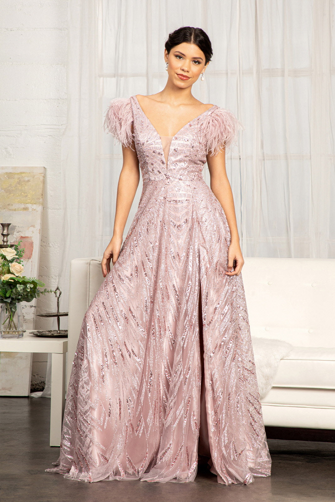 Feather-Shoulder Embellished A-line Dress-smcdress