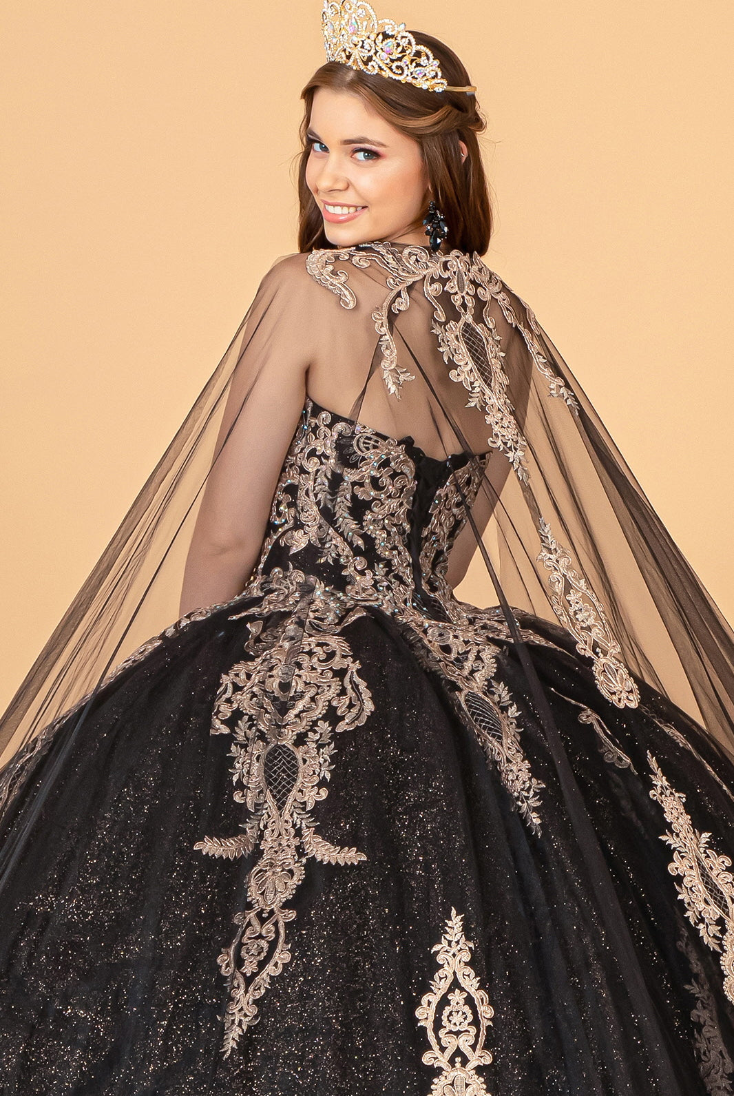 Glitter Jewel Embellished Quinceanera Gown Long Mesh Cape-smcdress