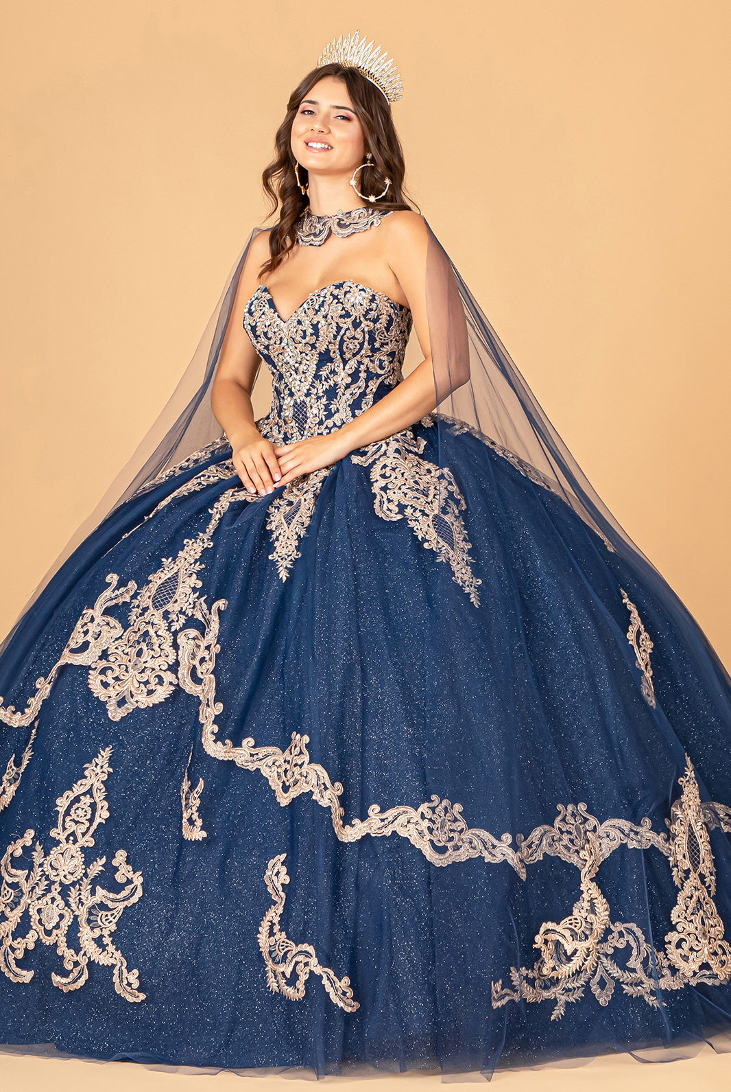 Glitter Jewel Embellished Quinceanera Gown Long Mesh Cape-smcdress