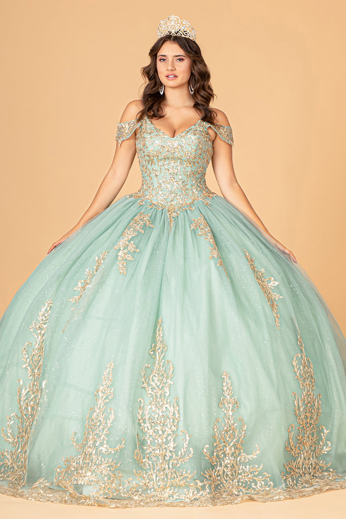 Gold Embroidered Mesh Quinceanera Ball Gown Corset Back-smcdress