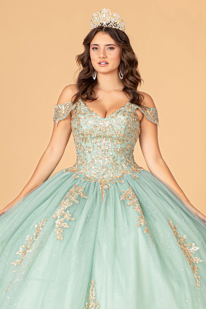 Gold Embroidered Mesh Quinceanera Ball Gown Corset Back-smcdress