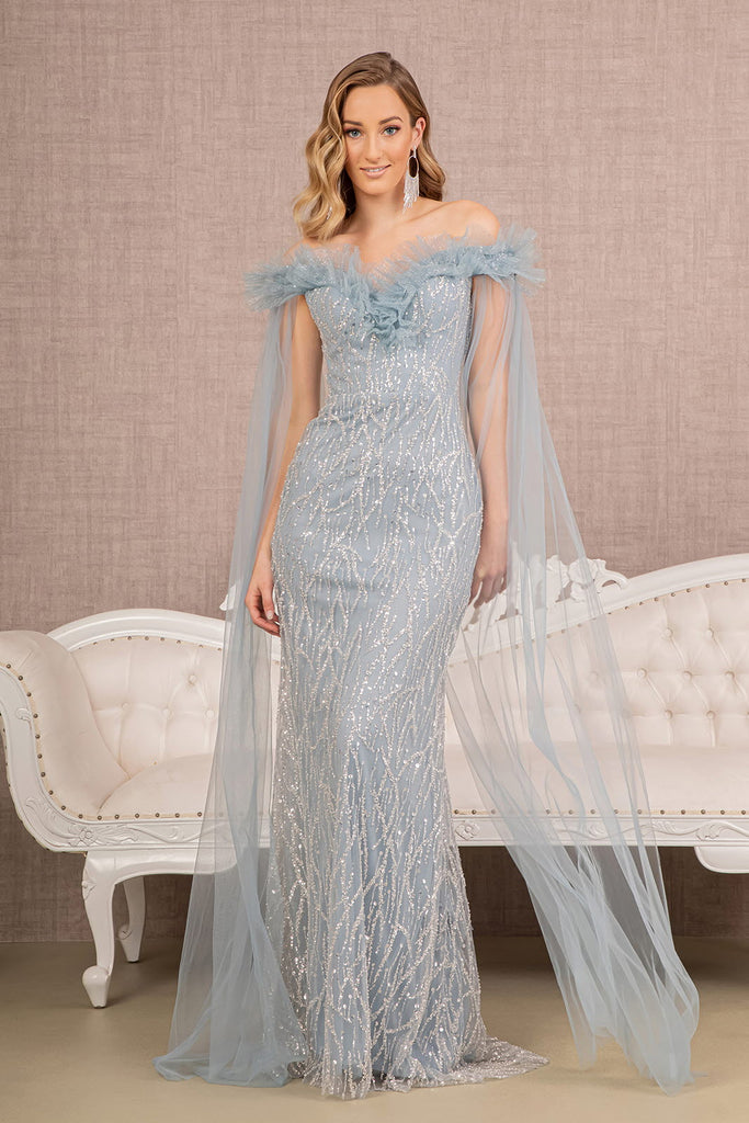 Sequin Bead Strapless Mermaid Dress w/ Long Mesh Layer-smcdress