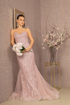 Sequin Bead Trumpet Dress w/ Lace-up Back & Mesh Tail-smcdress