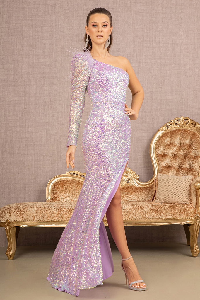 Sequin Mesh Mermaid Dress w/Long Sleeve & Asymmetric Feathers-smcdress