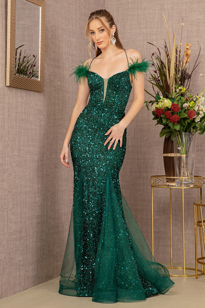 Sheer Sequin Glitter Dress w/ Feather Straps-smcdress