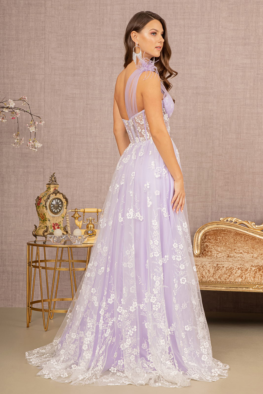 Asymmetric A-line Dress w/ Feather Sheer Bodice & Flower Applique-smcdress