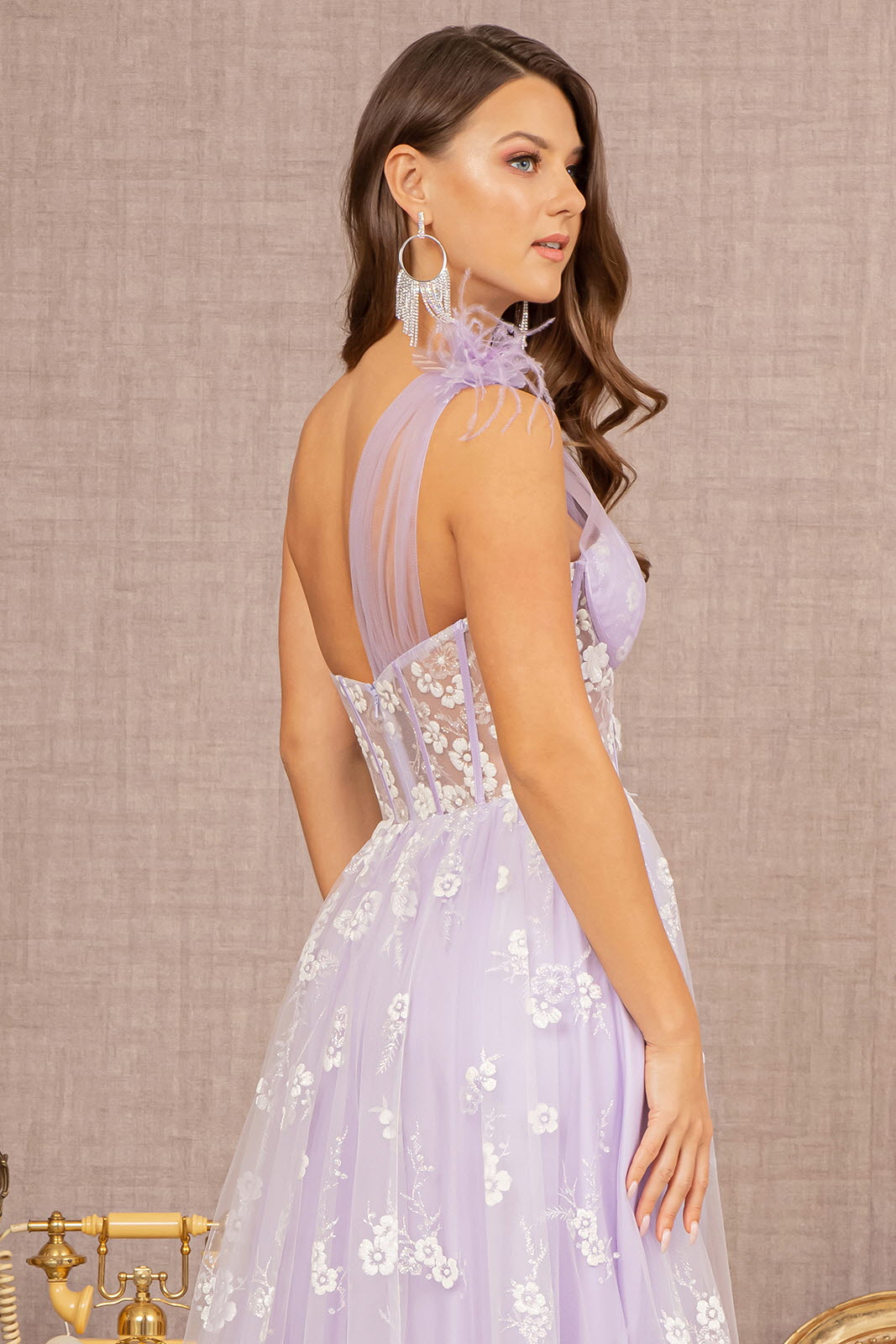 Asymmetric A-line Dress w/ Feather Sheer Bodice & Flower Applique-smcdress