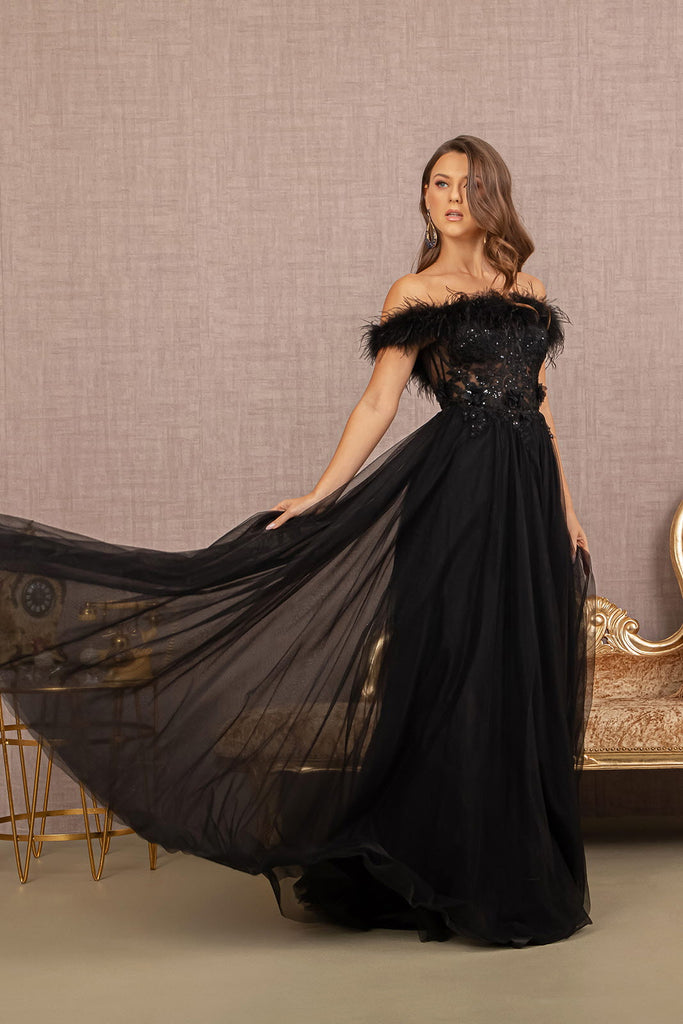 Sheer Mesh A-line Dress w/ Feather Embroidery-smcdress