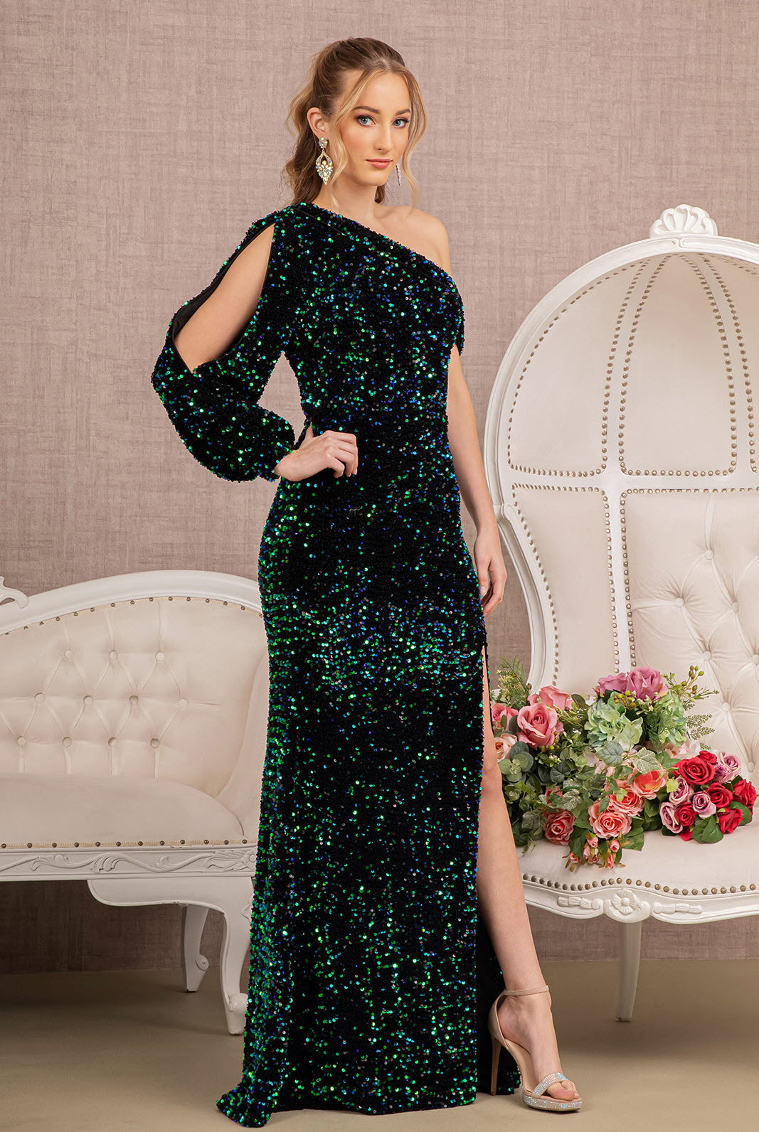 Sequin Asymmetric Velvet Mermaid Dress w/ 1 Puff Sleeve-smcdress
