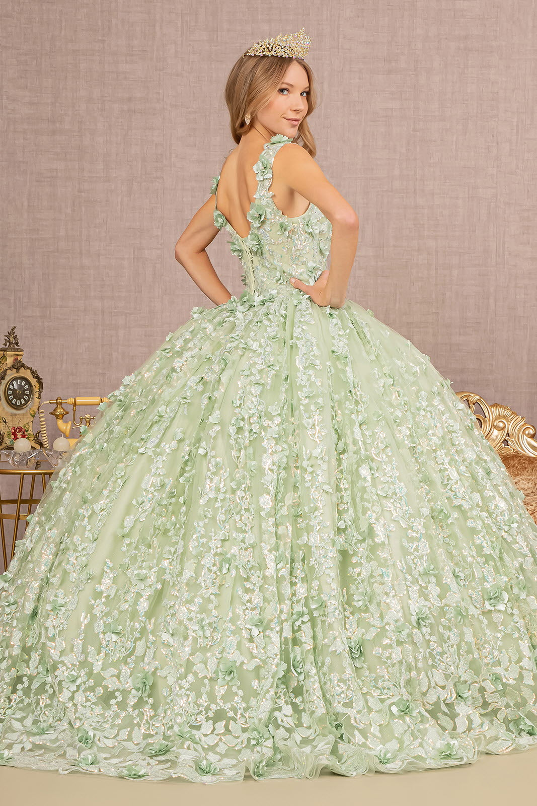 Jewel Embroidery 3-D Flower Mesh Ball Gown-smcdress