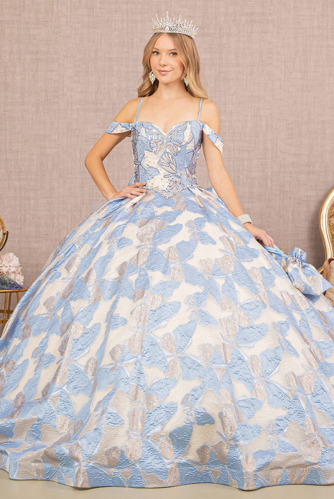 Quinceanera Gown with Long Mesh Tail and Mini Bag-smcdress