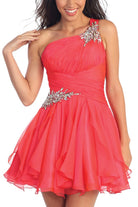 One Shoulder Short Chiffon Dress with Ruched Bodice-smcdress