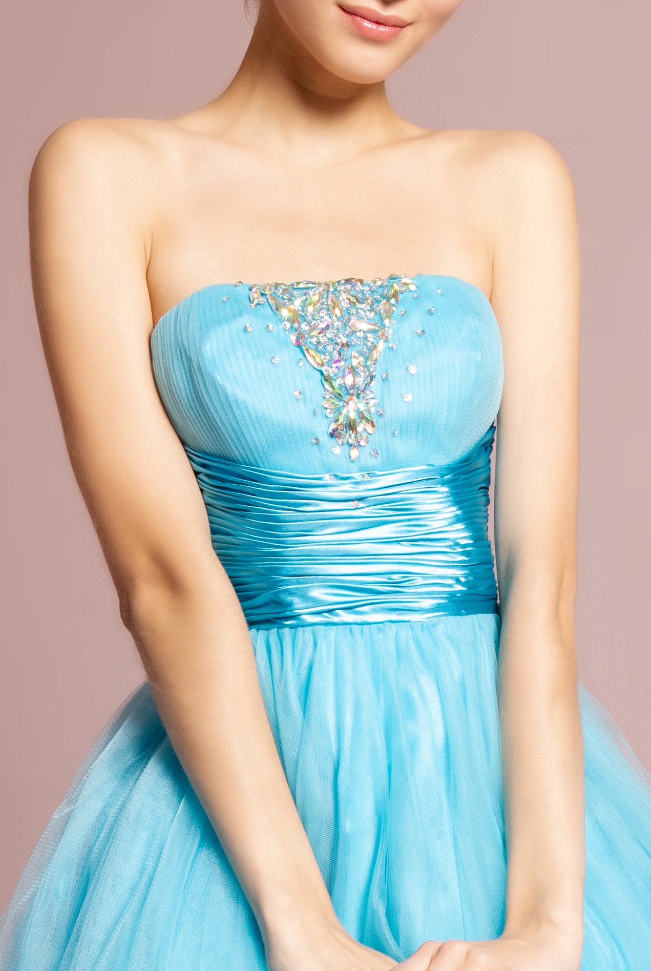 Strapless Sweetheart Tulle Short Dress Accented with Satin Belt and Jewel-smcdress