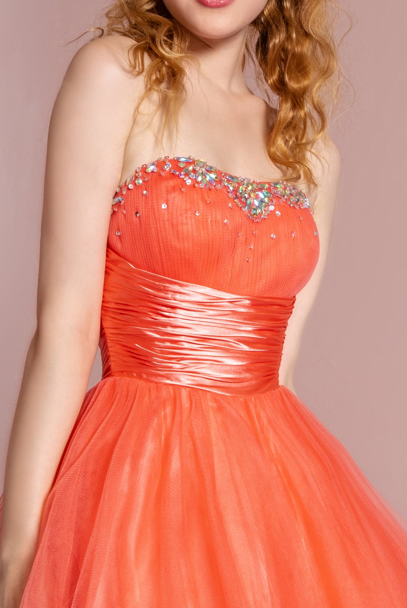 Strapless Sweetheart Beaded Tulle Short Dress with Pleated Satin Waistband-smcdress