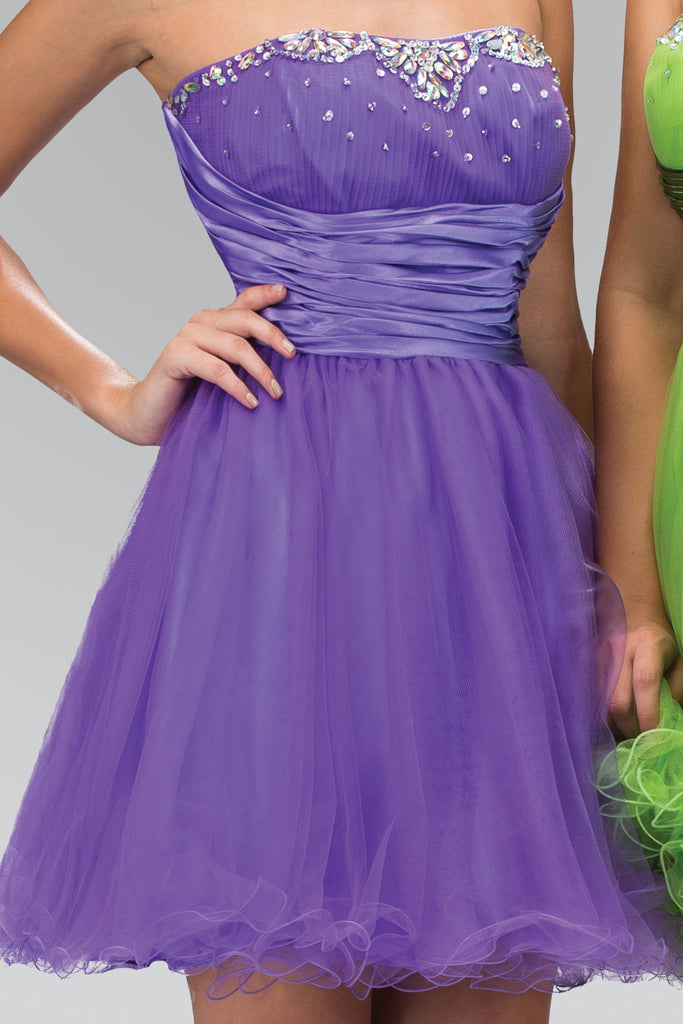Strapless Sweetheart Beaded Tulle Short Dress with Pleated Satin Waistband-smcdress