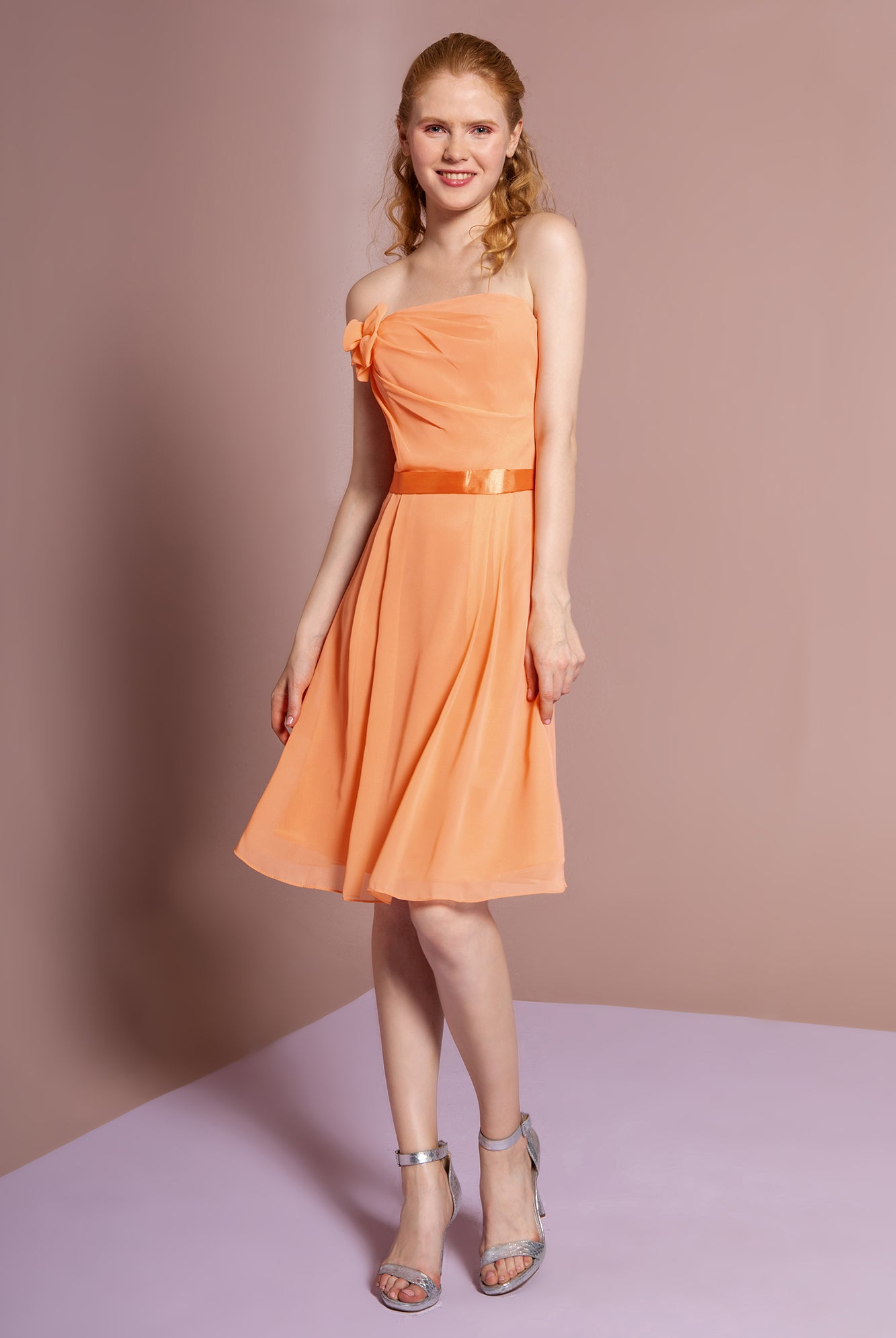 Strapless Chiffon Short Dress with Satin Waistband-smcdress