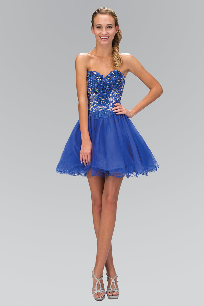 Strapless Sweetheart Tulle Short Dress with Lace Bodice-smcdress