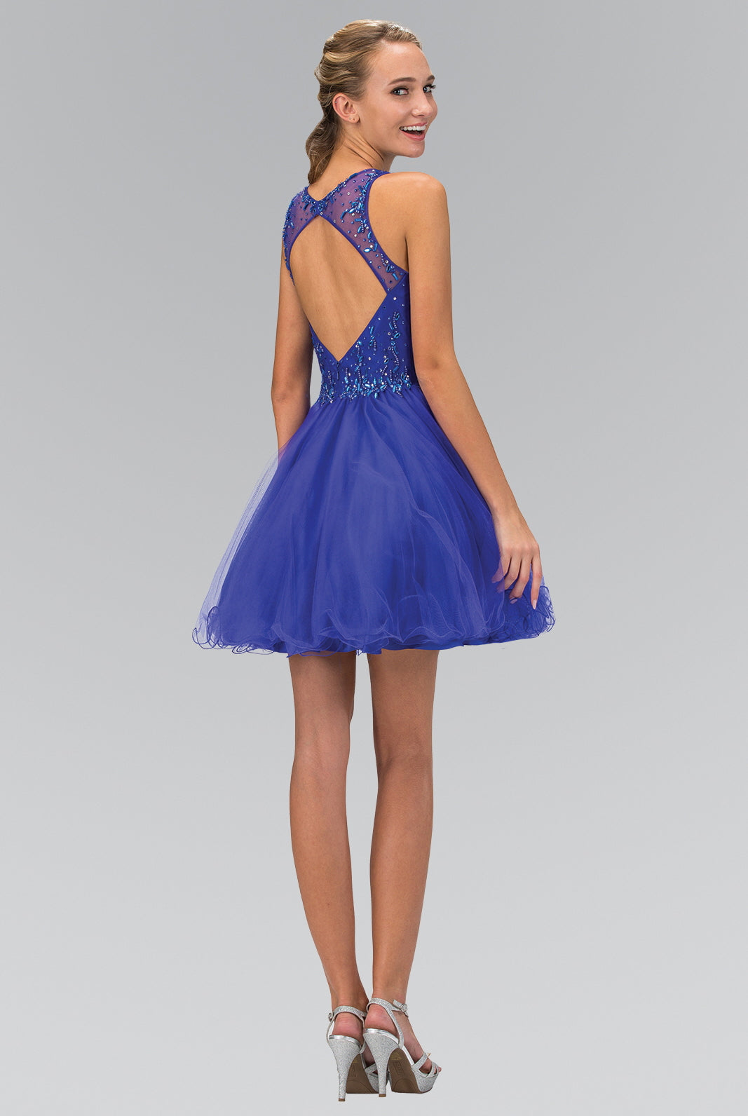 Jewel Embellished Tulle Short Dress with Sheer Illusion Neckline-smcdress