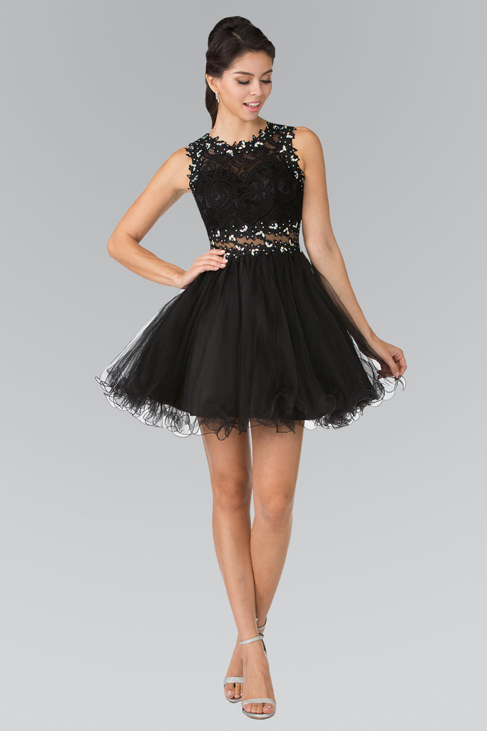 Sleeveless Short Dress with Lace Bodice and Sheer Waistline-smcdress