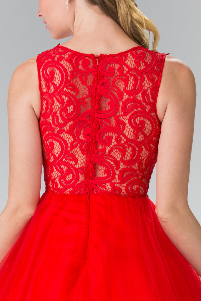 Sleeveless Short Dress with Lace Bodice and Sheer Waistline-smcdress