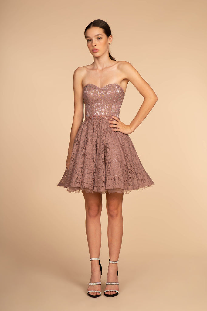 Strapless Sweetheart Lace Short Dress-smcdress