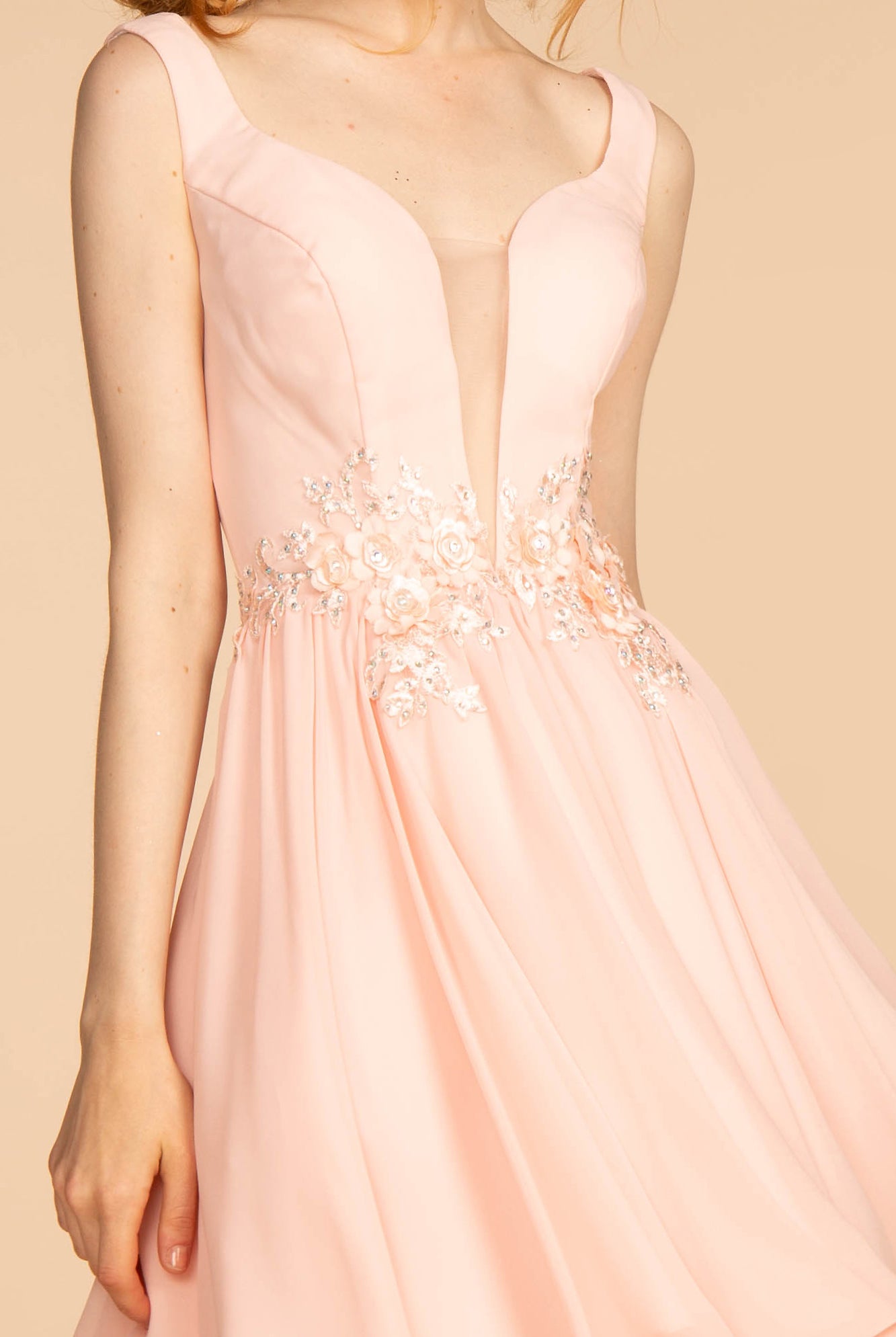 Jewel Embellished-Waist Illusion Deep V-Neck Short Dress-smcdress
