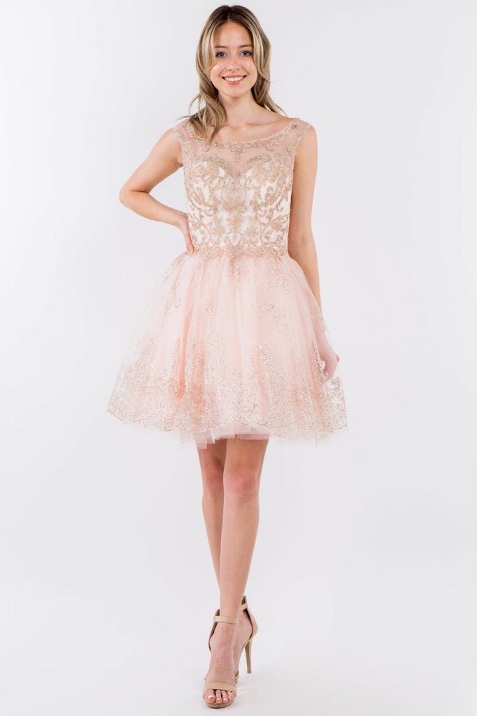Embroidery Embellished Bodice Glitter Pattern Skirt Short Dress-smcdress