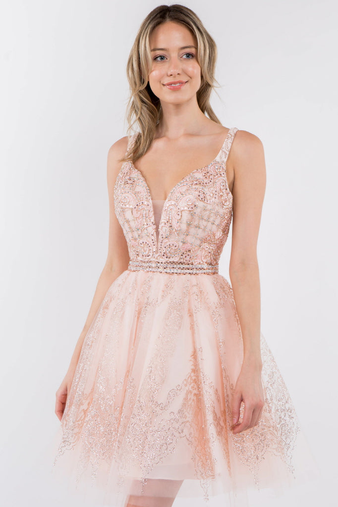Jewel Accented Waistline Glitter Mesh Short Dress-smcdress