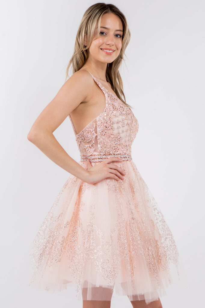 Jewel Accented Waistline Glitter Mesh Short Dress-smcdress