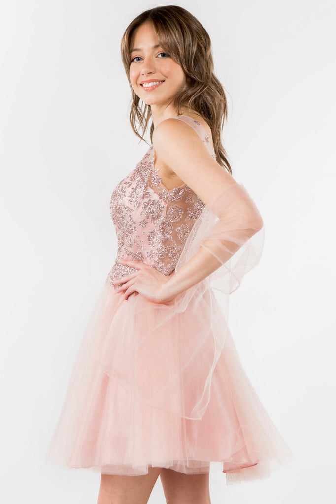Glitter Embellished Bodice Tulle Short Dress-smcdress