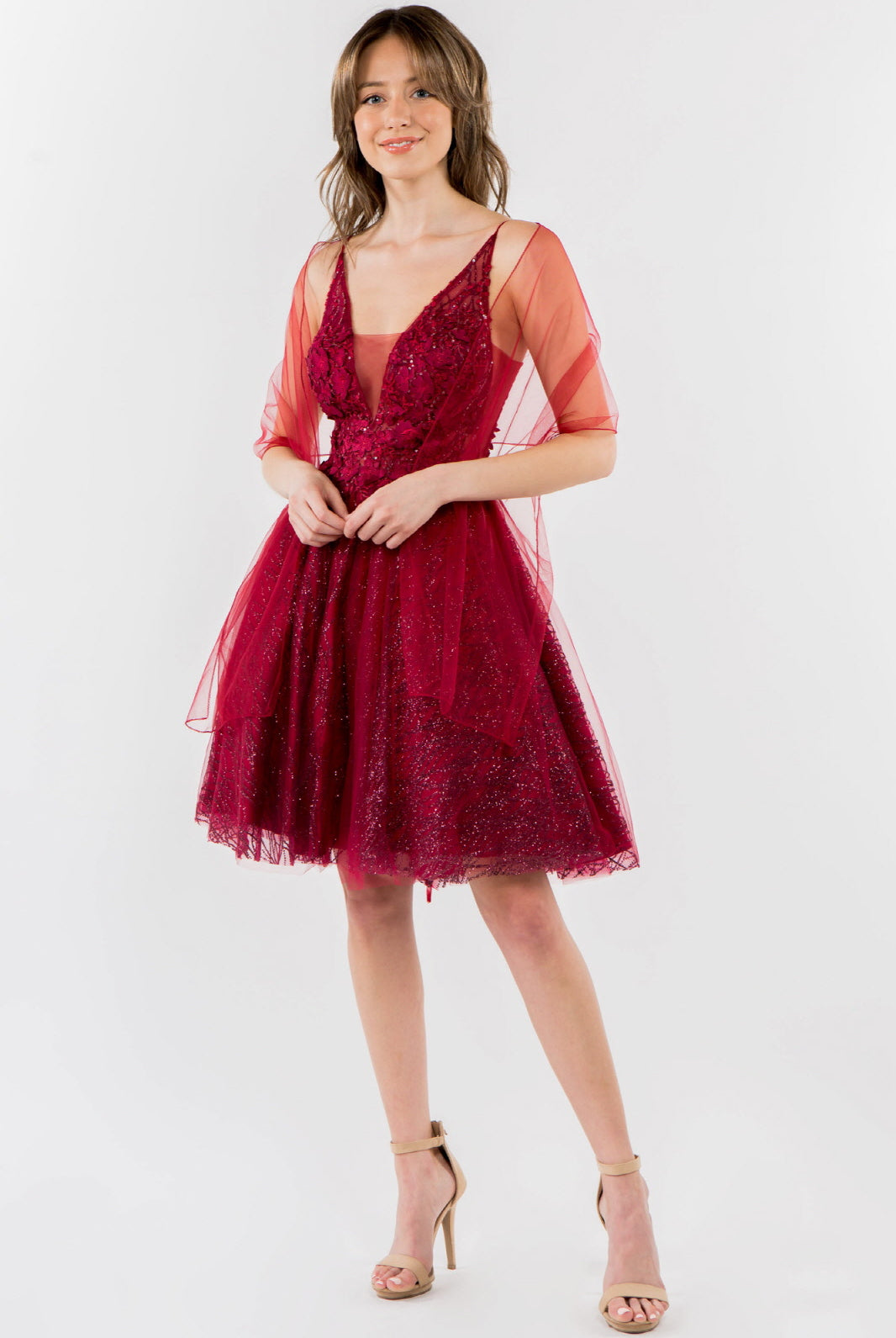 Sheer Bodice V-Neck Glitter Mesh Homecoming Dress-smcdress