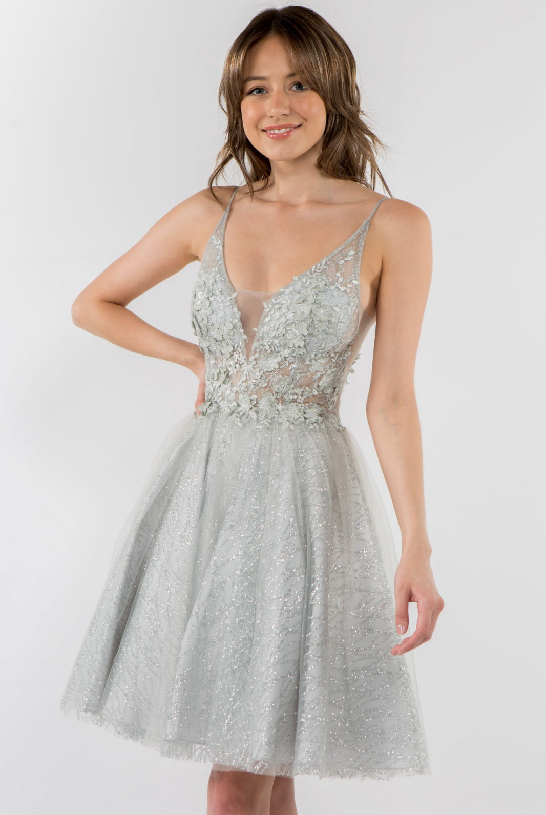 Sheer Bodice V-Neck Glitter Mesh Homecoming Dress-smcdress