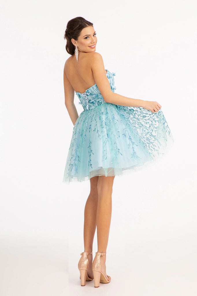 Floral Applique Glitter Mesh Sweetheart Short Dress-smcdress