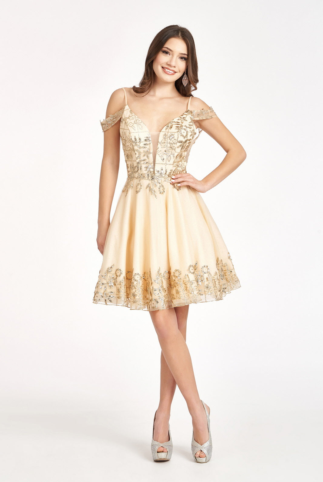 Glitter Embellished V-Neck Mesh Homecoming Dress-smcdress