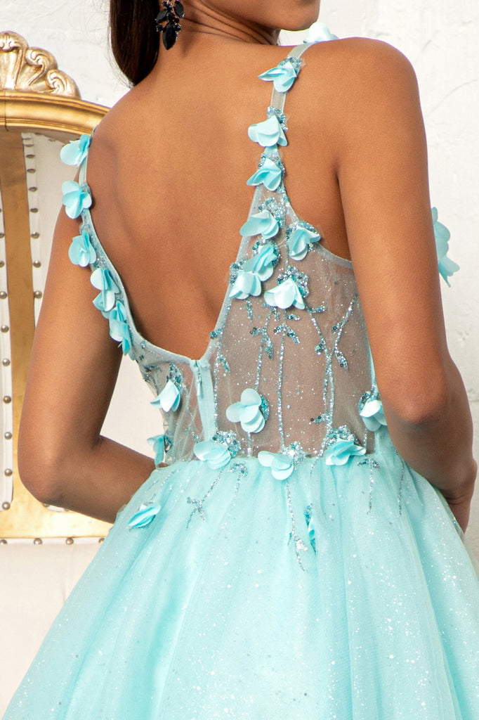 Sequin Floral Applique V-Back Glitter Mesh Homecoming Dress-smcdress