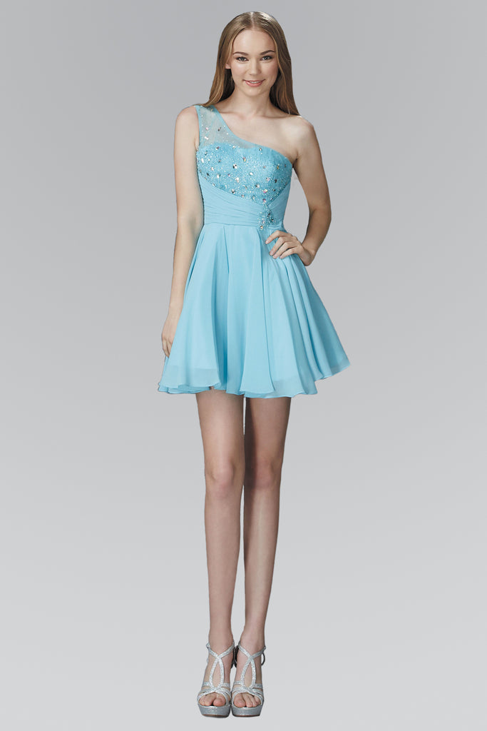 One Shoulder Chiffon Short Dress with Bead Detailing-smcdress