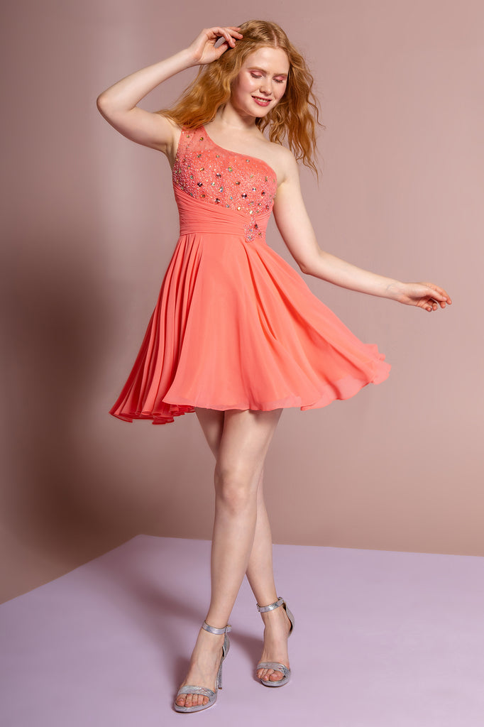 One Shoulder Chiffon Short Dress with Bead Detailing-smcdress