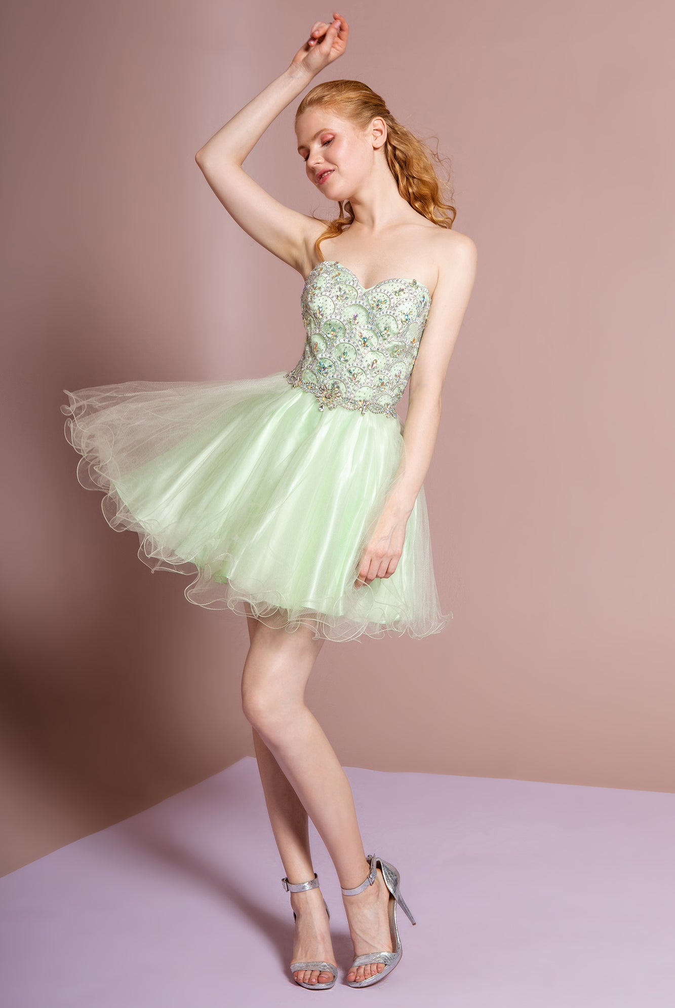Strapless Sweetheart Short Tulle Dress Accented with Jewel-smcdress
