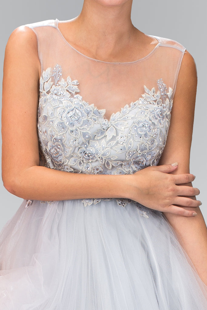 Rolled Hem Tulle Short Dress with Floral Lace Embellished Bodice-smcdress