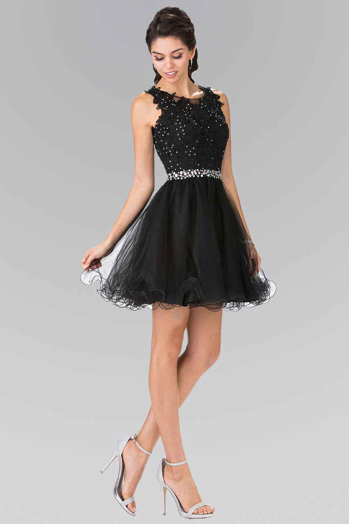 Lace Illusion Top A-line Short Dress with Beaded Waist-smcdress
