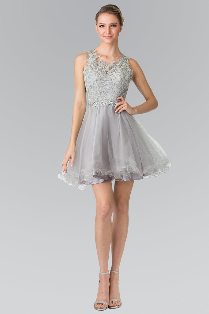Lace Illusion Top A-line Short Dress with Beaded Waist-smcdress