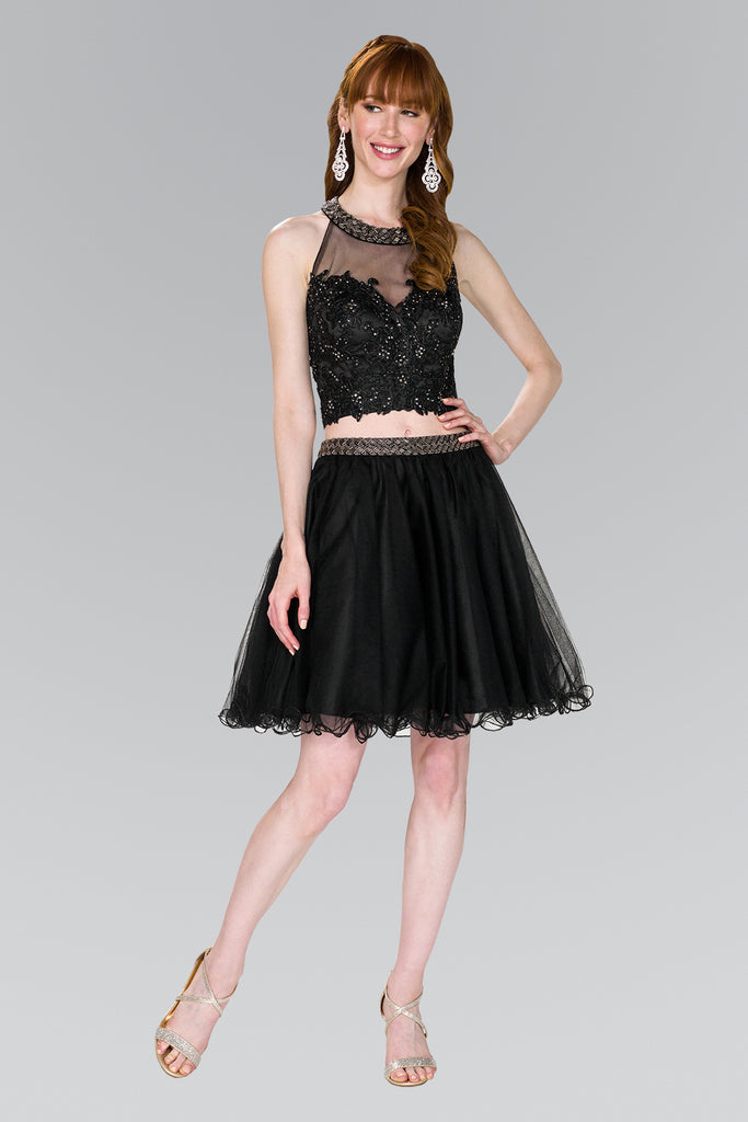 Two-Piece Strap-Back Tulle Short Dress-smcdress