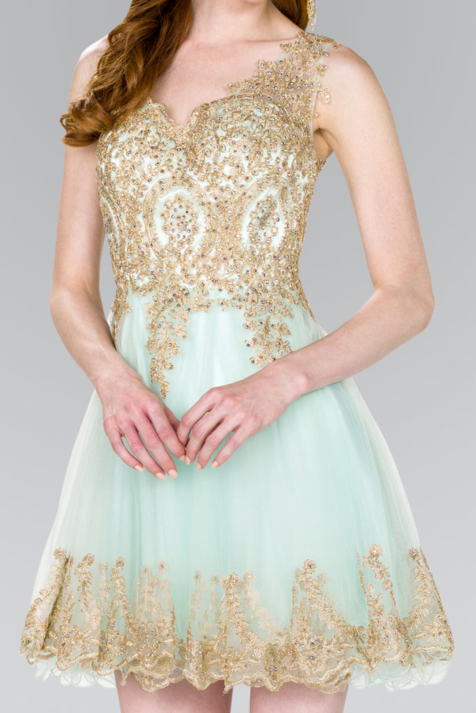 Tulle Short Dress Accented with Gold Lace-smcdress