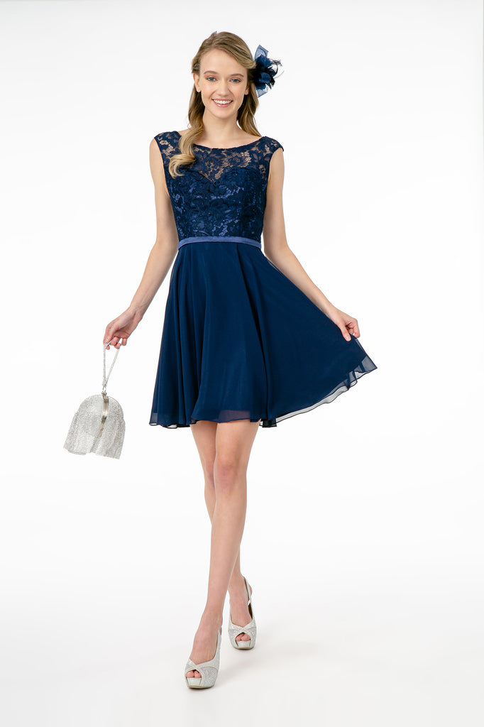 Lace Embellished Bodice Chiffon Short Dress-smcdress