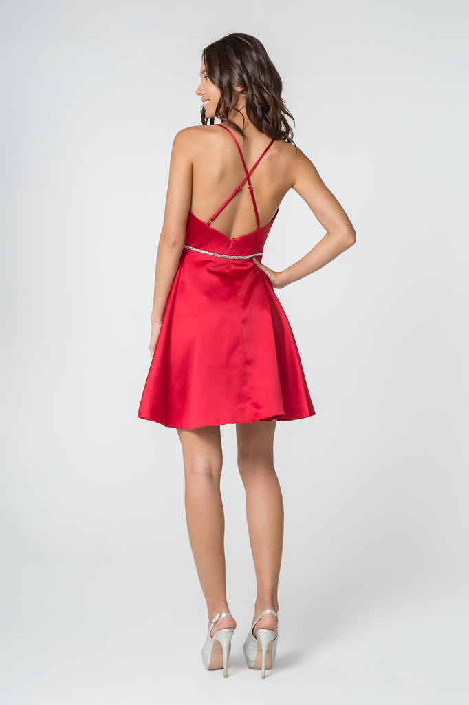 Jewel Accented Waistline Satin Short Dress Strap Back-smcdress