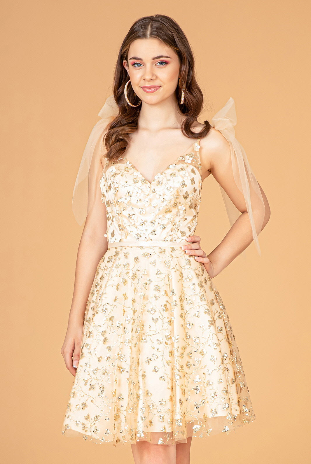 Glitter Mesh Babydoll Short Dress Ribbon Attachment on Shoulder-smcdress
