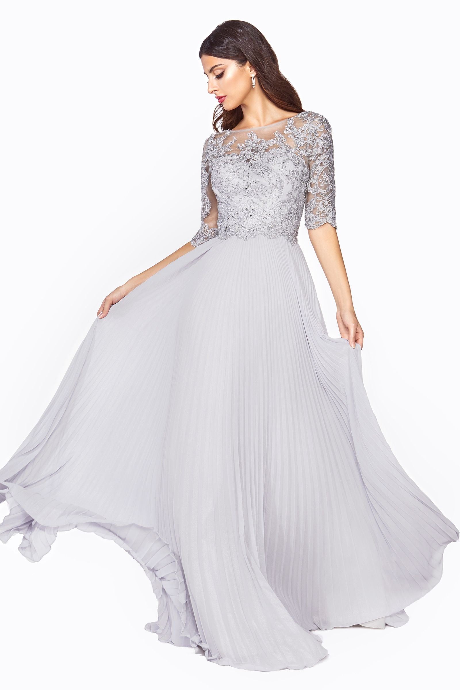 A-line dress with pleated chiffon skirt and embellished bodice-smcdress