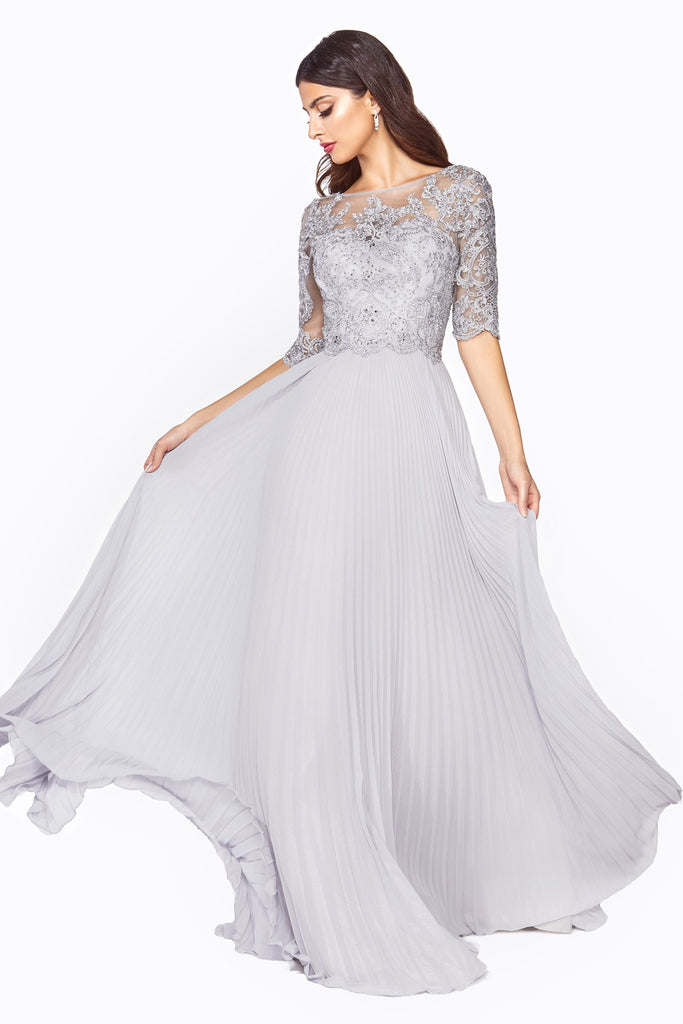 A-line dress with pleated chiffon skirt and embellished bodice-smcdress