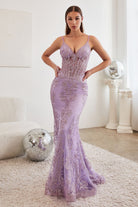 Luxury V-neck Gown with Sheer Corset & Floral Glitter Print-smcdress