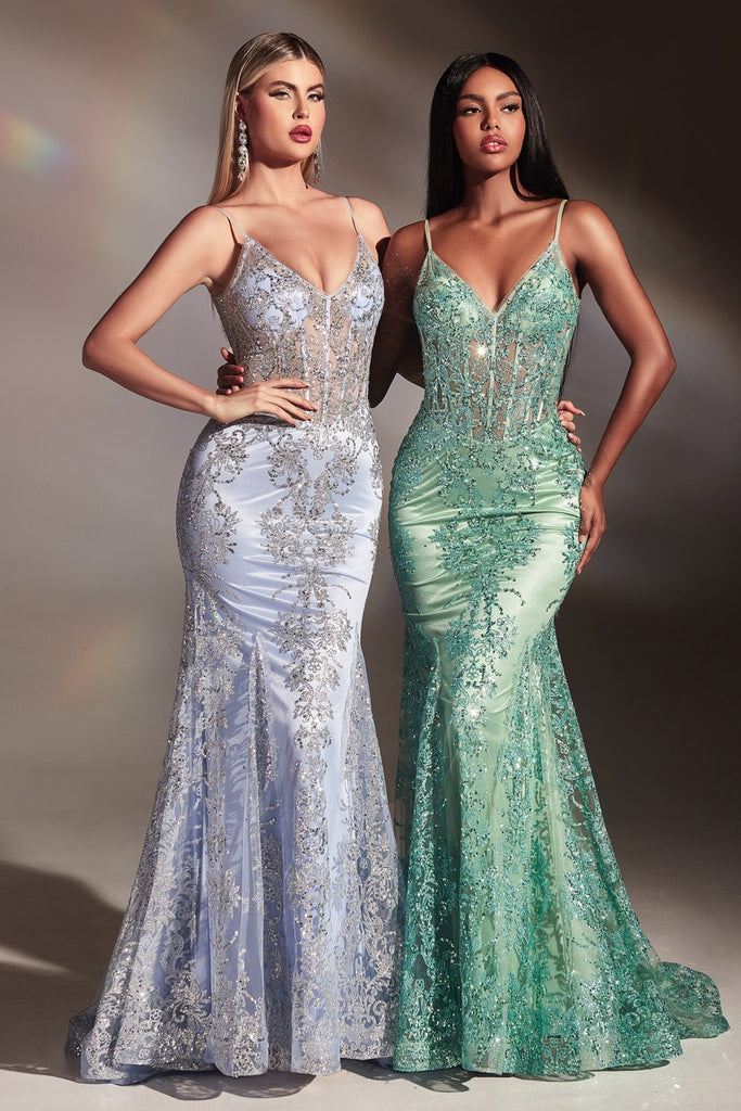Luxury Gown with a Fitted Floral Glitter Print, Sheer Structured Corset, and V-neck-smcdress